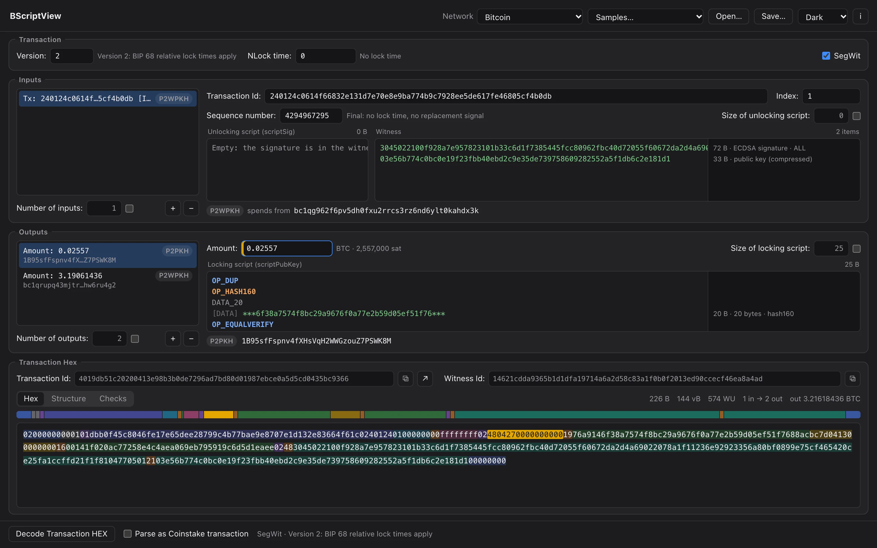 BScriptView with a native SegWit transaction: its fields above, its hex below and the selected output amount marked in the hex