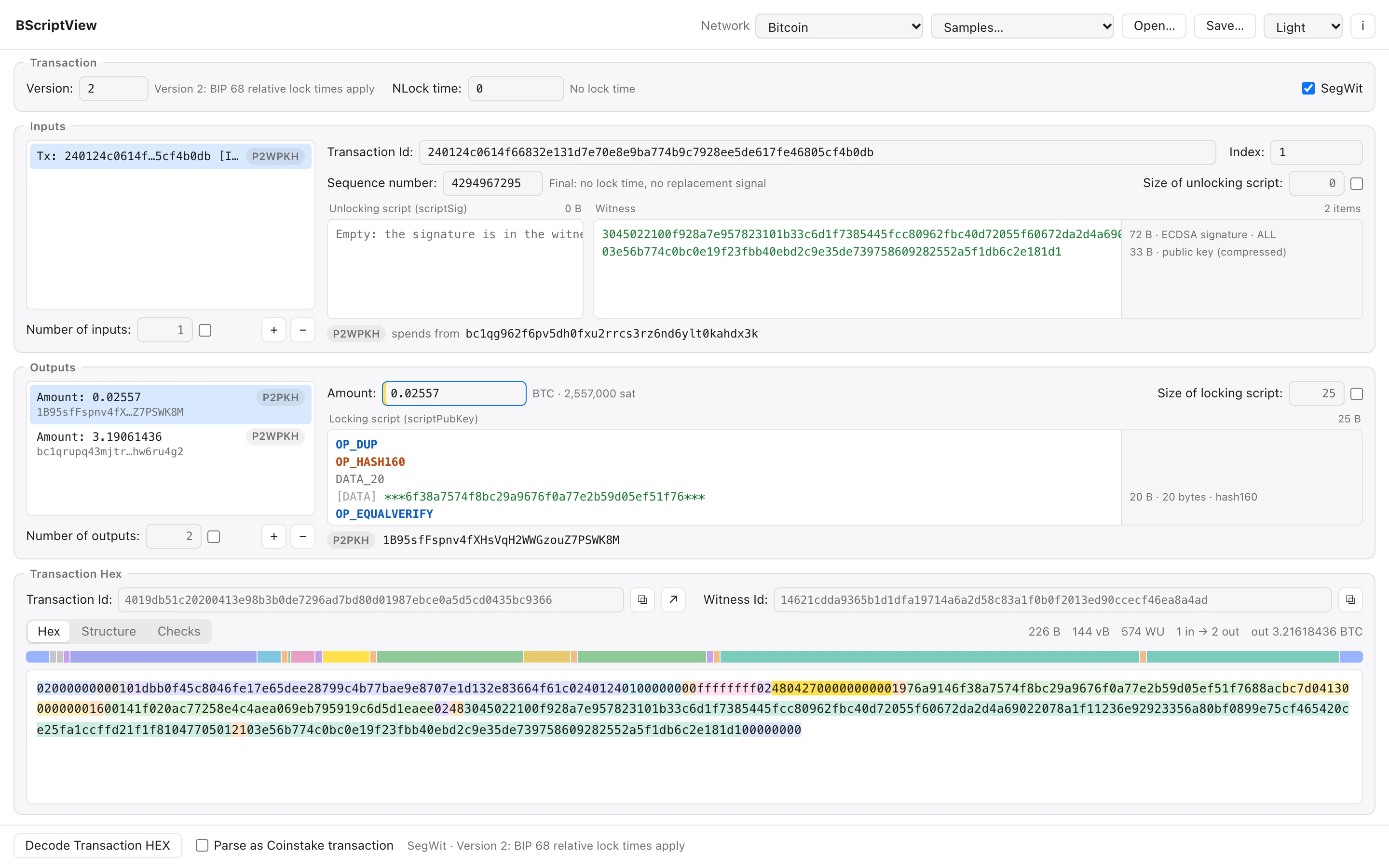 BScriptView with a native SegWit transaction: its fields above, its hex below and the selected output amount marked in the hex