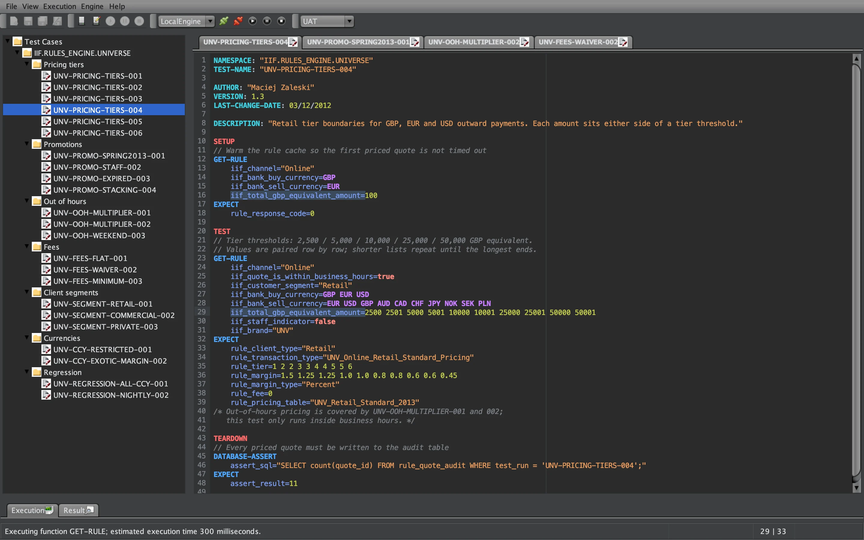A Hornet Lingo test case in the workbench: properties, SETUP, TEST and TEARDOWN blocks, with value lists that expand into data rows