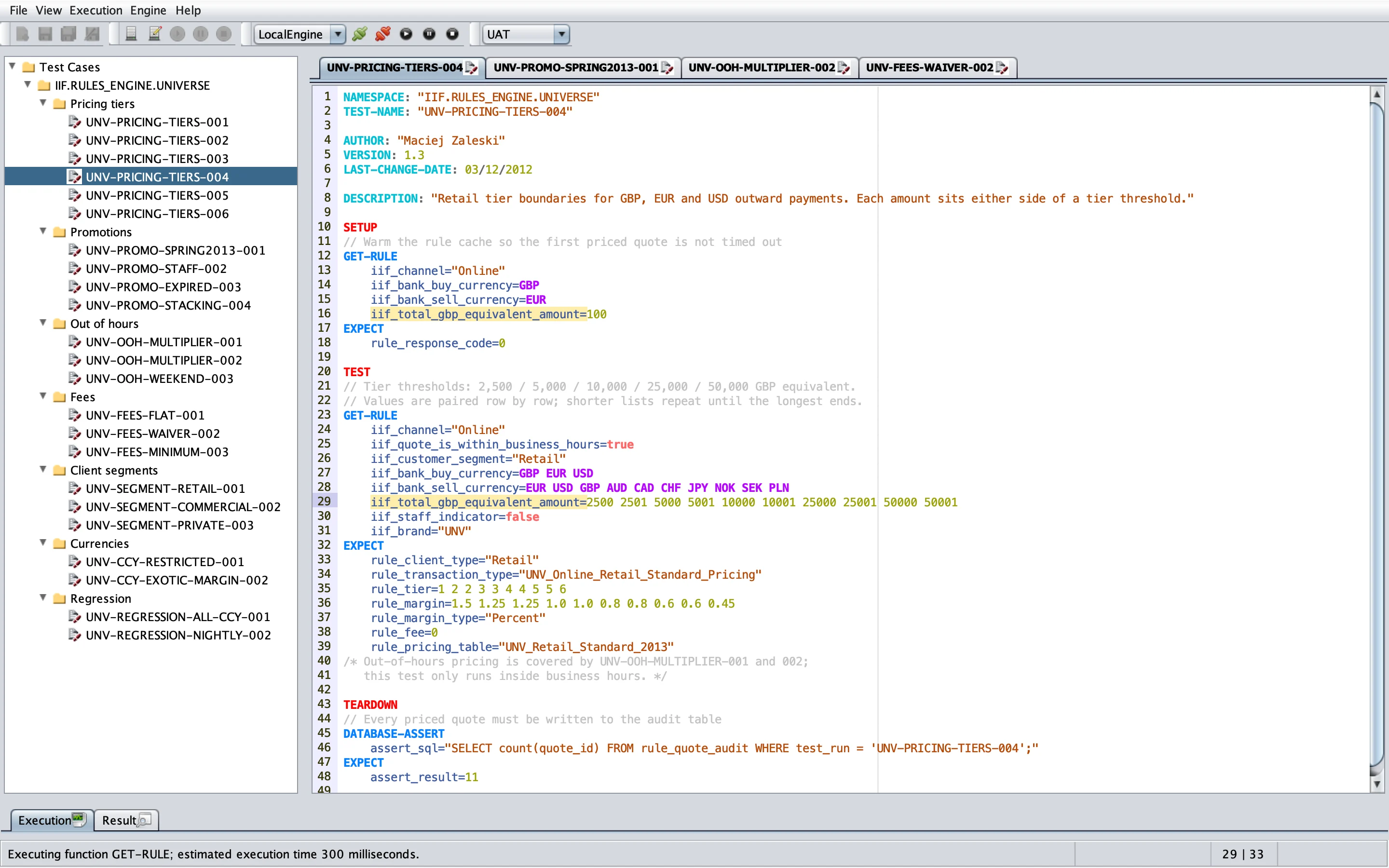 A Hornet Lingo test case in the workbench: properties, SETUP, TEST and TEARDOWN blocks, with value lists that expand into data rows