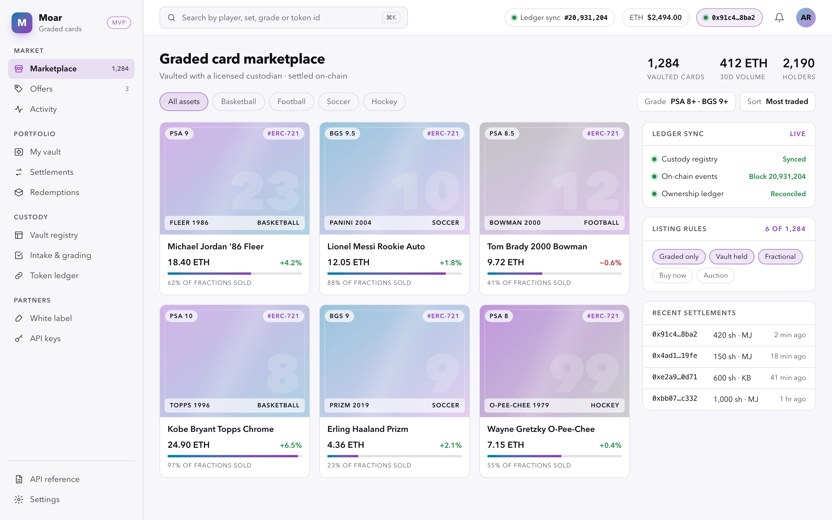 Moar marketplace of vaulted, graded sports cards with prices, fractions sold and ledger sync status