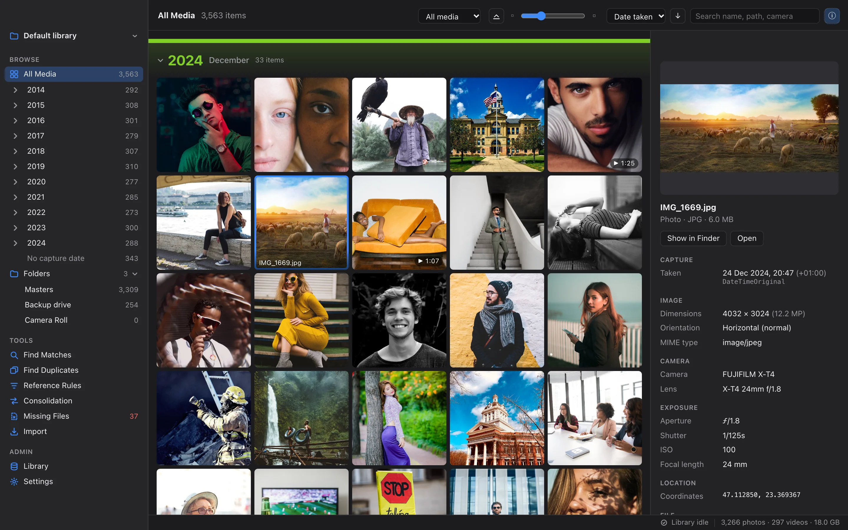 Unicadr All Media grid with a selected photo's capture, camera and exposure details in the inspector