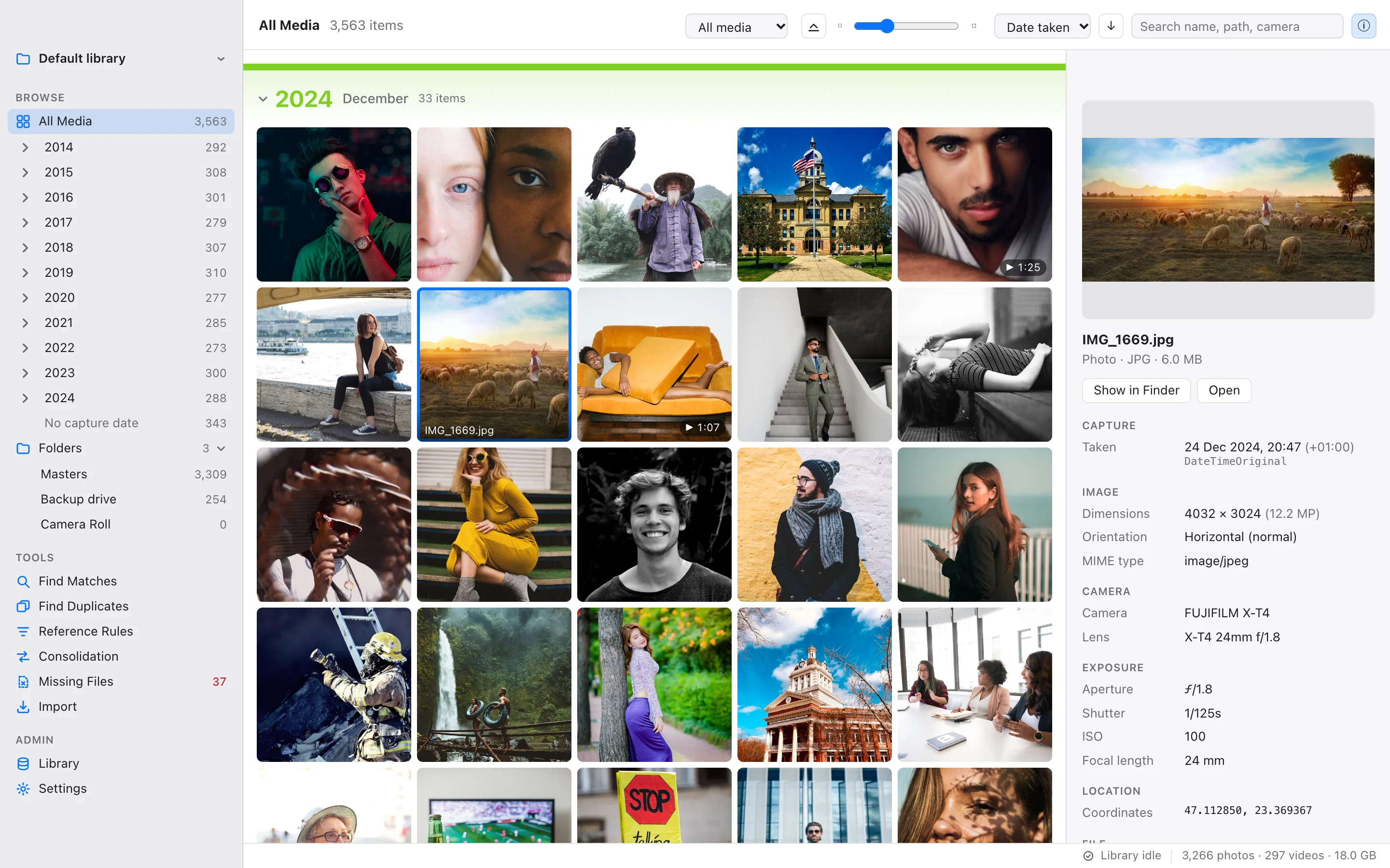 Unicadr All Media grid with a selected photo's capture, camera and exposure details in the inspector
